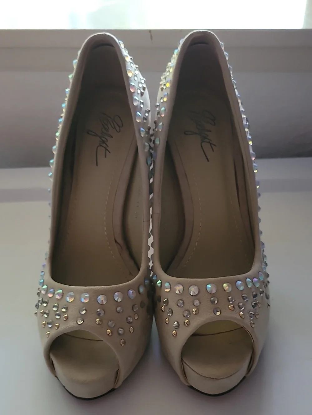 Nude Peep-Toe  Suede AB Crystal Embellished Pumps Size 8.5 EU39